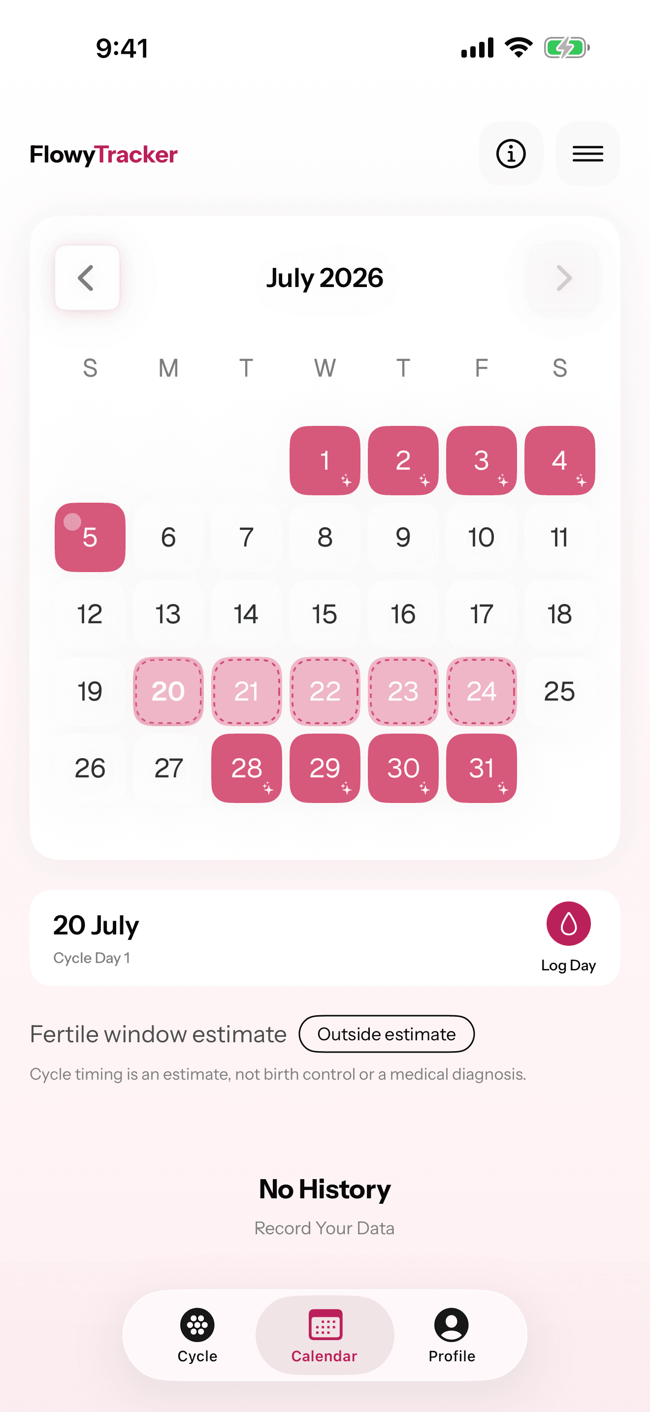 Flowy cycle calendar screen
