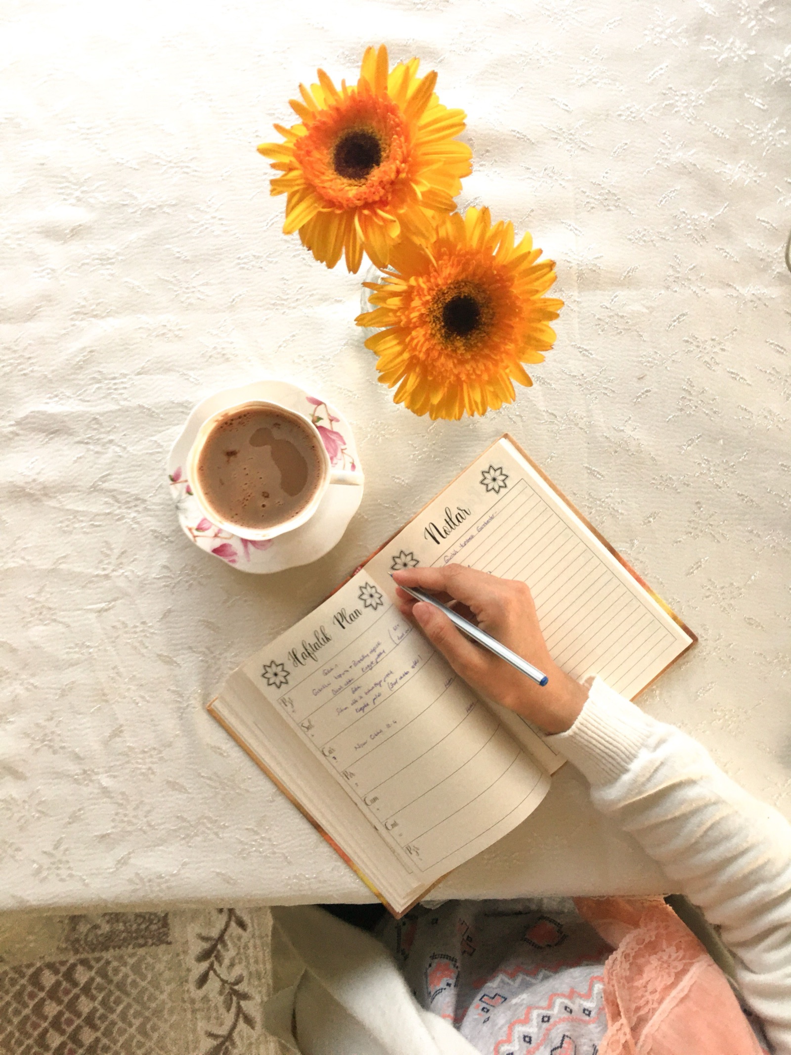 A person writing in a planner beside coffee and orange flowers in warm morning light