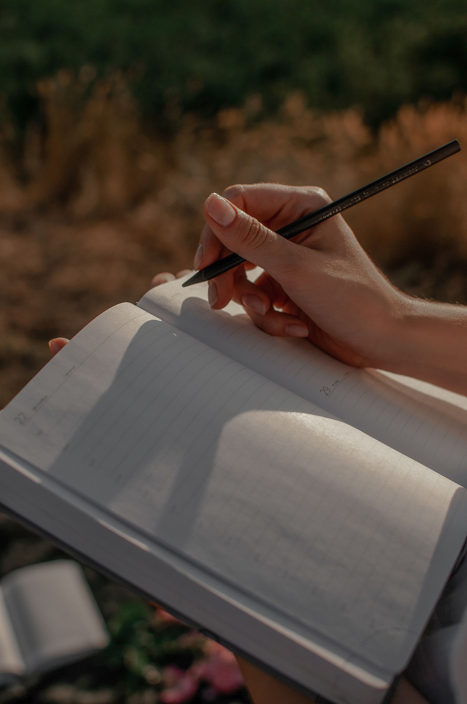 Close-up of a woman writing in an open journal outdoors in warm sunlight